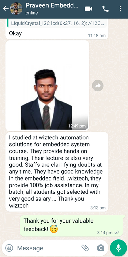 Embedded System Student Testimonials Praveen - Best Embedded Training Institute